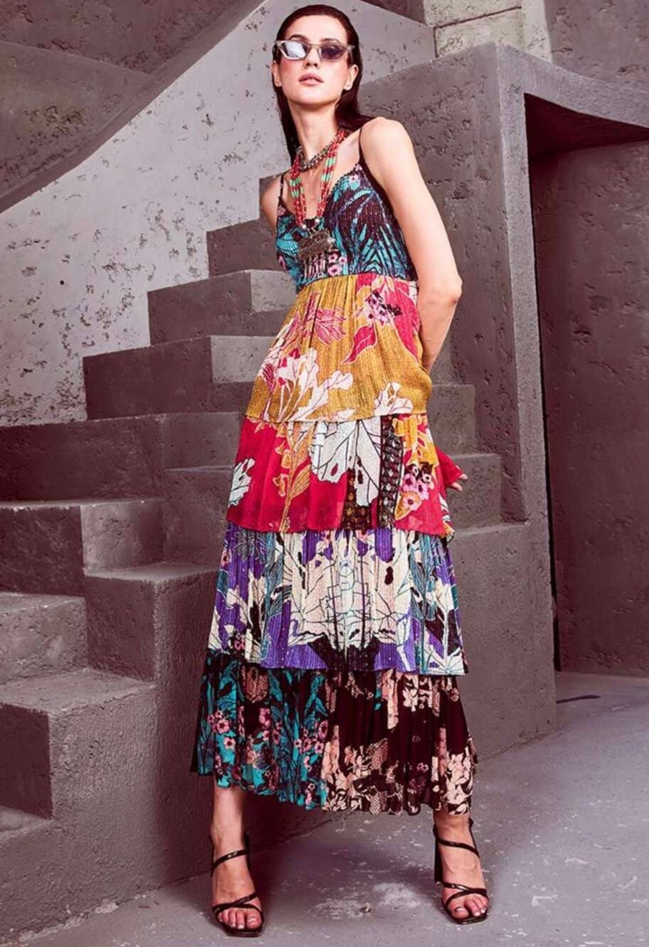 Anthropologie Bhanuni by Jyoti Tiered Layer Maxi Dress Mixed Print Embellish 10